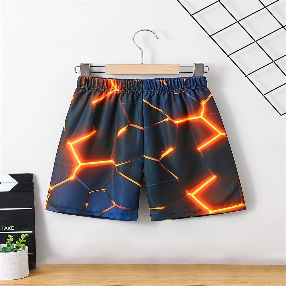 24 Summer Children's 3D Colorful Flame Print Shorts Leggings Quick-Drying Sports Casual Pants Comfortable for Outdoor Picnics