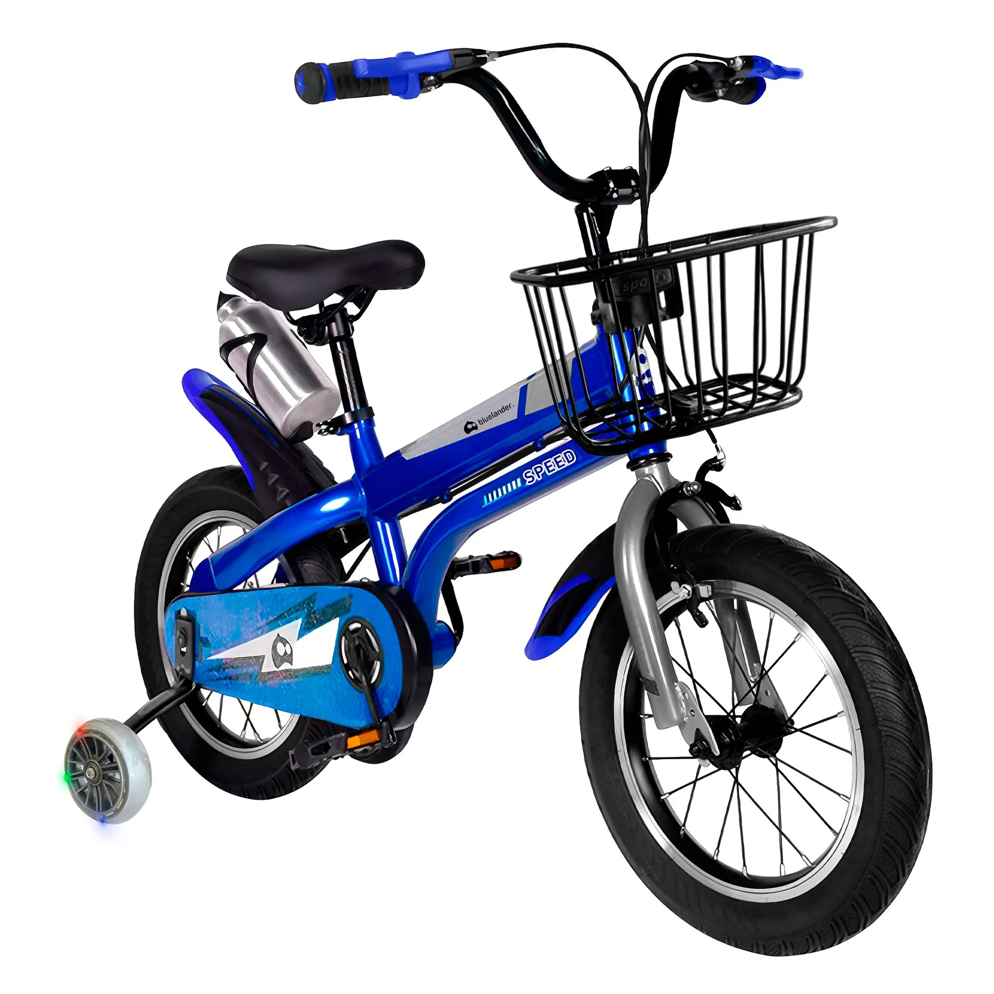 Bluelander Bicicleta Infantil para Niño Rodada 16, Ruedas de Entrenamiento, Canastilla Metalica, Salpicadera, Soporte para Botellas, Asiento y Manubrio Ajustable, Ideal para Niños de 4 a 6 Años