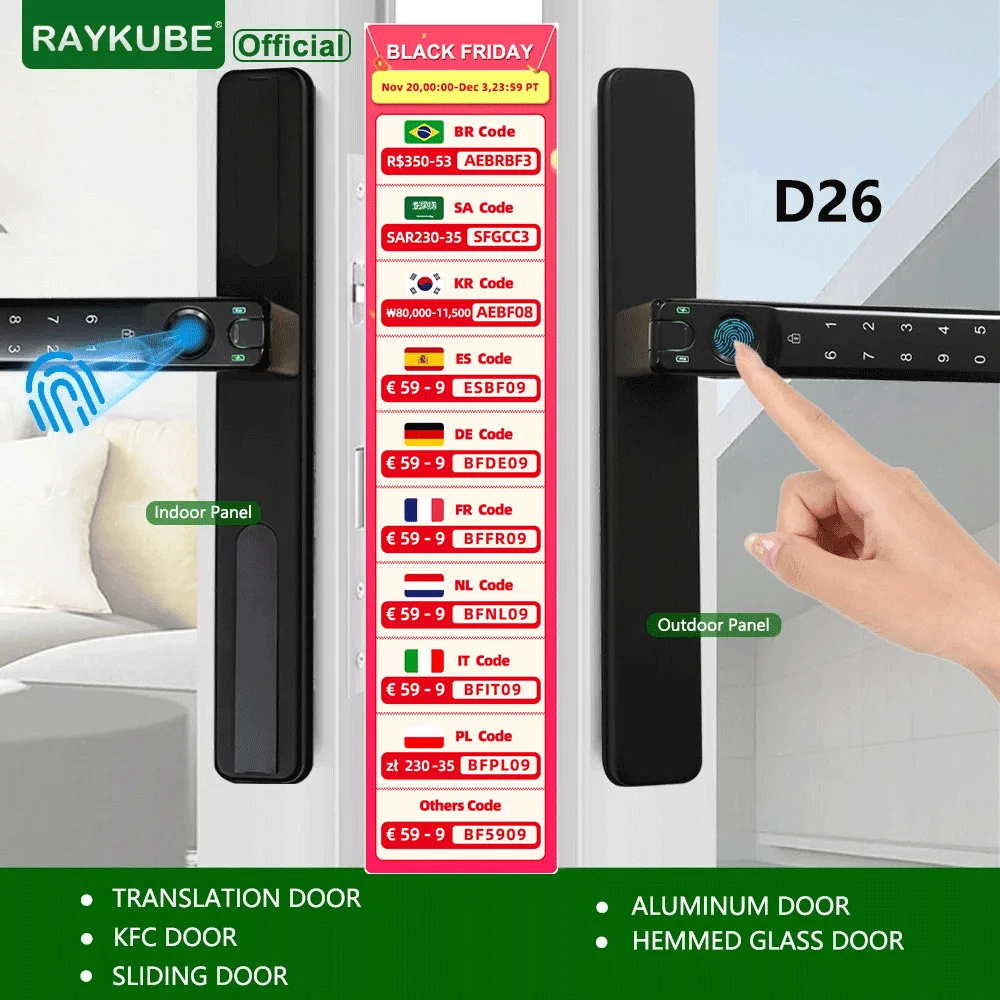 RAYKUBE 블루투스 이중 지문 스마트 문짝 잠금 장치, 이중 암호, 양면 키 앱, KFC, 슬라이딩 문짝, D26 TT