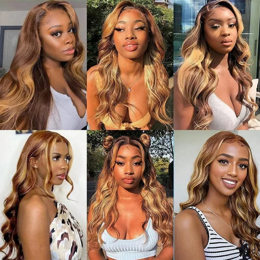34 Inch13x4 Honey Blonde Ombre Lace Front Wigs Human Hair Pre Plucked 200 Density 4/27 Highlight Colored Body Wave Frontal Wigs 6