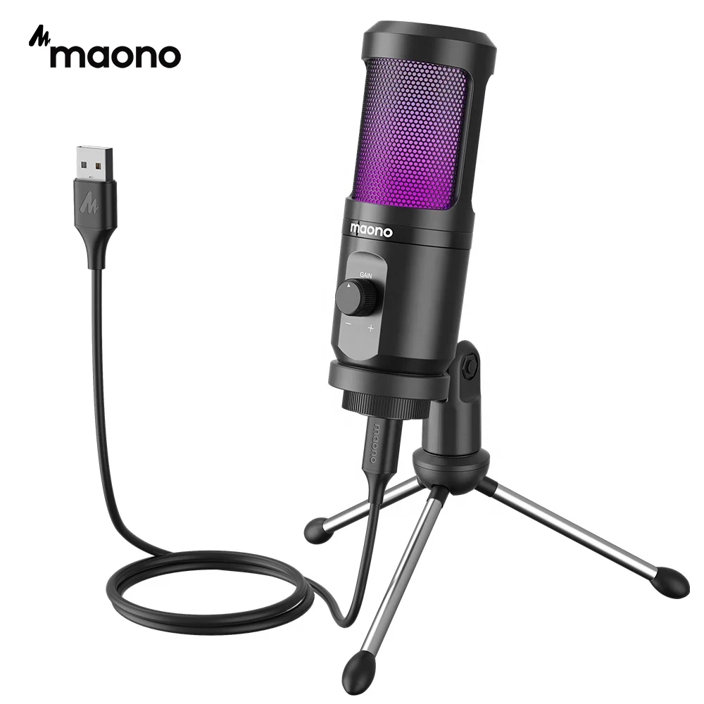 USB Gaming Microphone for PC, Computer Condenser Mic with Gain Knob, RGB  Light, Tripod Stand for Recording, Podcasting, Streaming, Compatible with  PS5 PS4 Mac Laptop Desktop