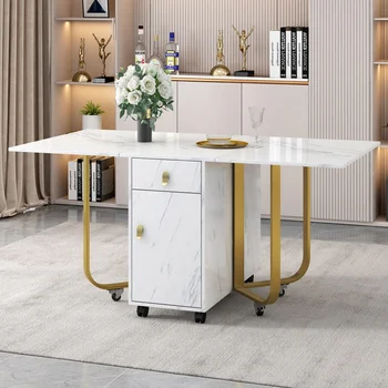 Tavolo da pranzo pieghevole 150x80x76 cm, tavolo da cucina con cassetti e ripostiglio, piedini in metallo, rotelle mobili, bevande, bianco/dorato 1