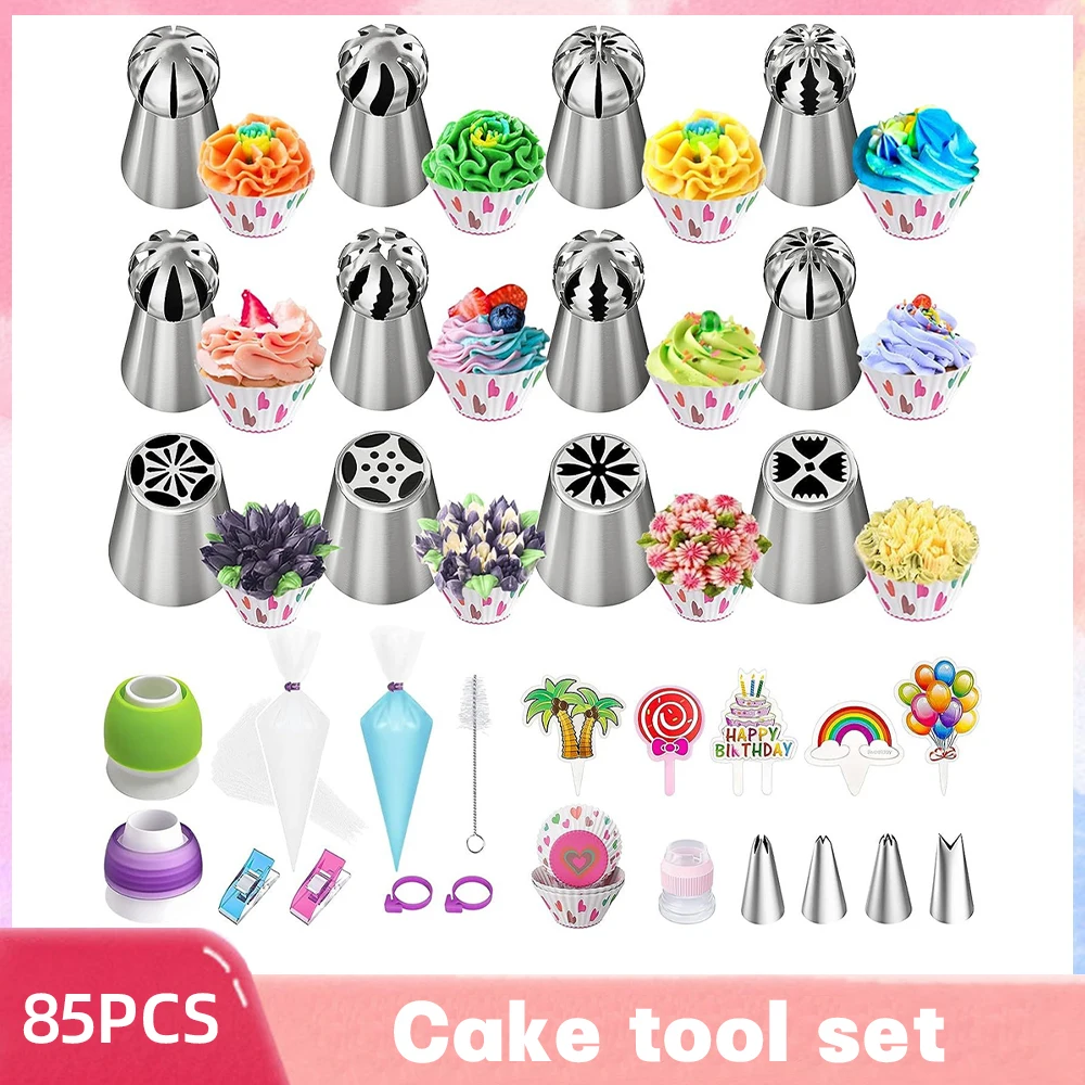 85PCS Marshmallow Flowers Pastry Nozzles Russian Stainless Steel Cake Cream Piping Nozzles Set Pastry Bag Cake Decorating Tools