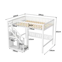 Lit double pour enfants 140x200cm, lit superposé en bois de pin avec barrières de sécurité et armoire-échelle de rangement, blanc 4