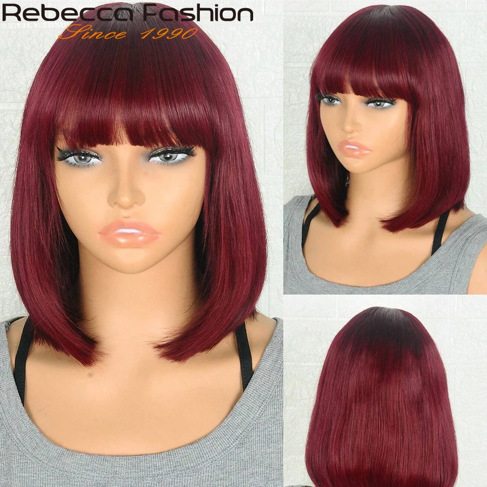 

99J Short Straight Bob Wigs With Bangs Burgundy Red Colored Glueless Bob Wig Brazilian Virgin Human Hair Wigs For Black Women