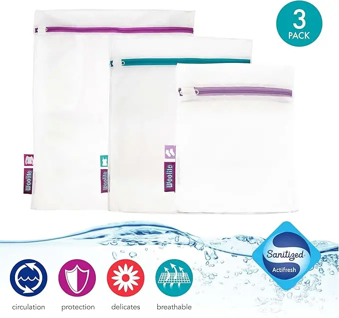 3-piece sanitized mesh wash bag set. Protects delicates during laundry. Durable and functional for gentle cleaning. 2
