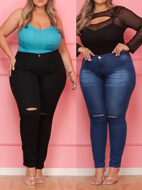 Kit 2 Calças Jeans Skinny Plus Size Detalhes Destroyed Premium Modela Corpo