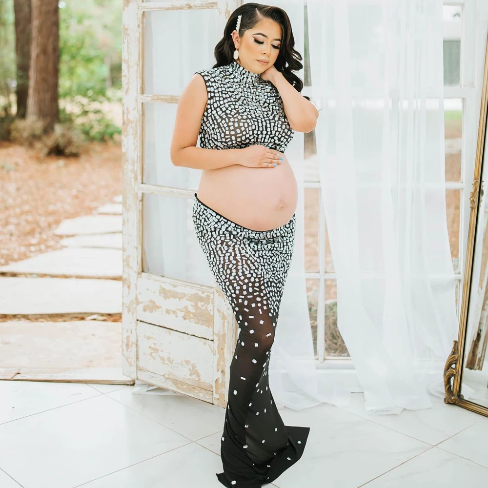 Maternity Dresses For Photo Shoot Shiny Sexy Goddess Mirror Bright Diamond Stretch Fabric Skirt For Pregnancy Photo Accessory