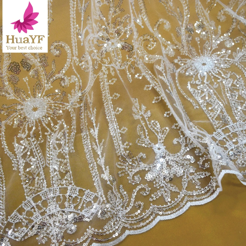 

High Quality Crystal Sequin Beaded Tulle Lace Fabric For 1 Yard Wedding Dress HY1818-1