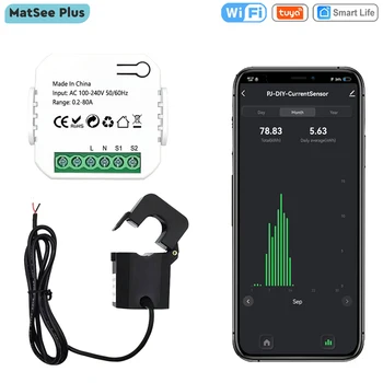 Tuya 스마트 라이프 WiFi 에너지 미터 80A 클램프 전류 변압기 앱 모니터 전력 소비 KWh 전기 통계 디지털 전기 110V 220V 50/60Hz