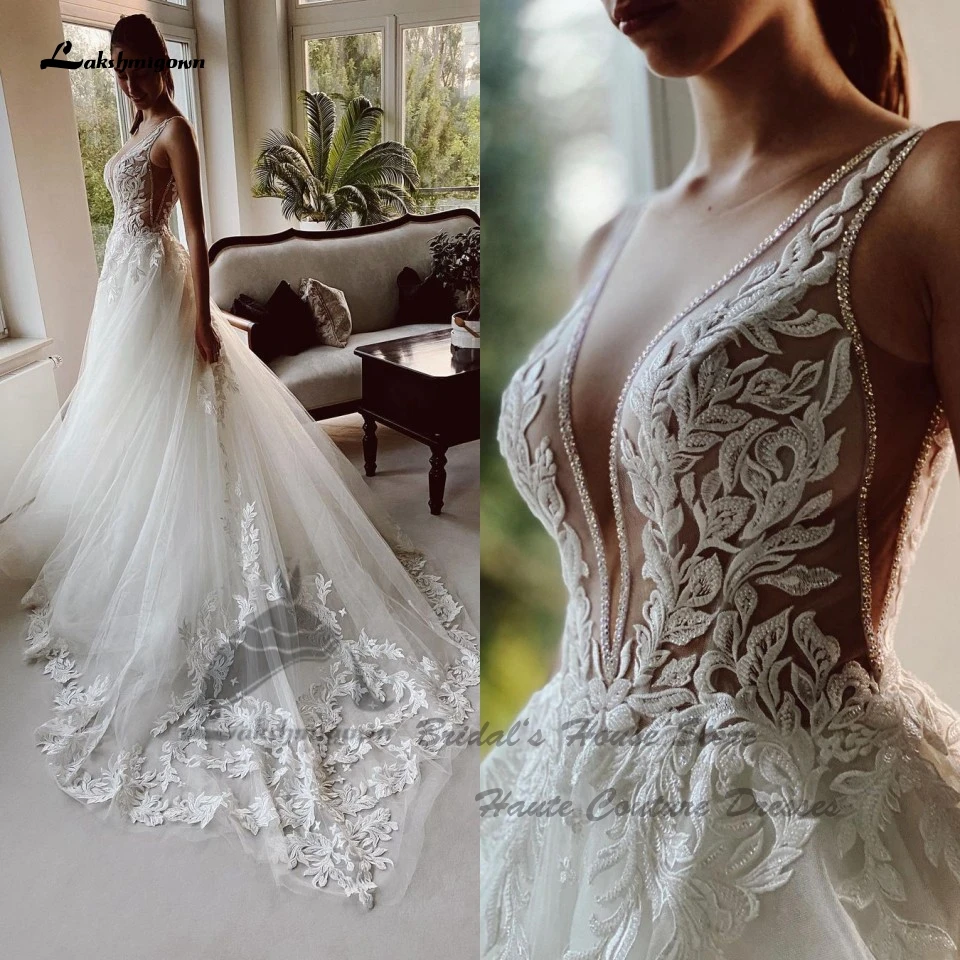 Deep V-neck Wedding Dresses Sexy Open Back Vestidos De Novia Cap Sleeve Appliques Vestido De Noiva