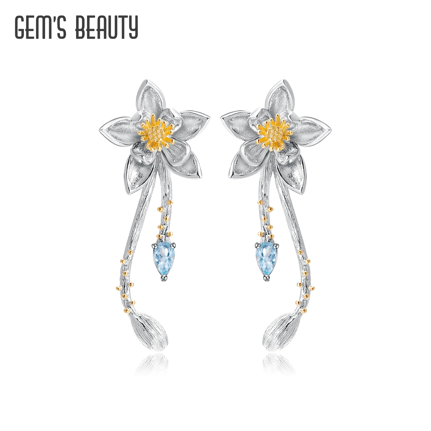 

GEM'S BEAUTY Natural Swiss Blue Topaz Earrings Flower Fine Jewelry 925 Sterling Silver Handmade Original Drop Earrings For Women
