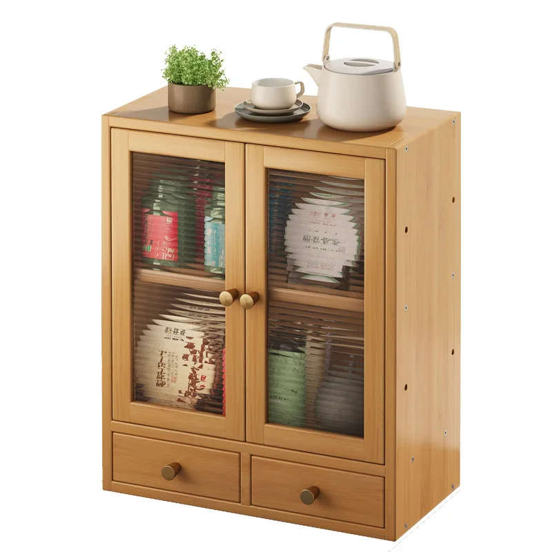 Bamboo Storage Cabinet With Adjustable Shelves Plastic Doors Small Space Organizer for Living Room Bedroom Kitchen