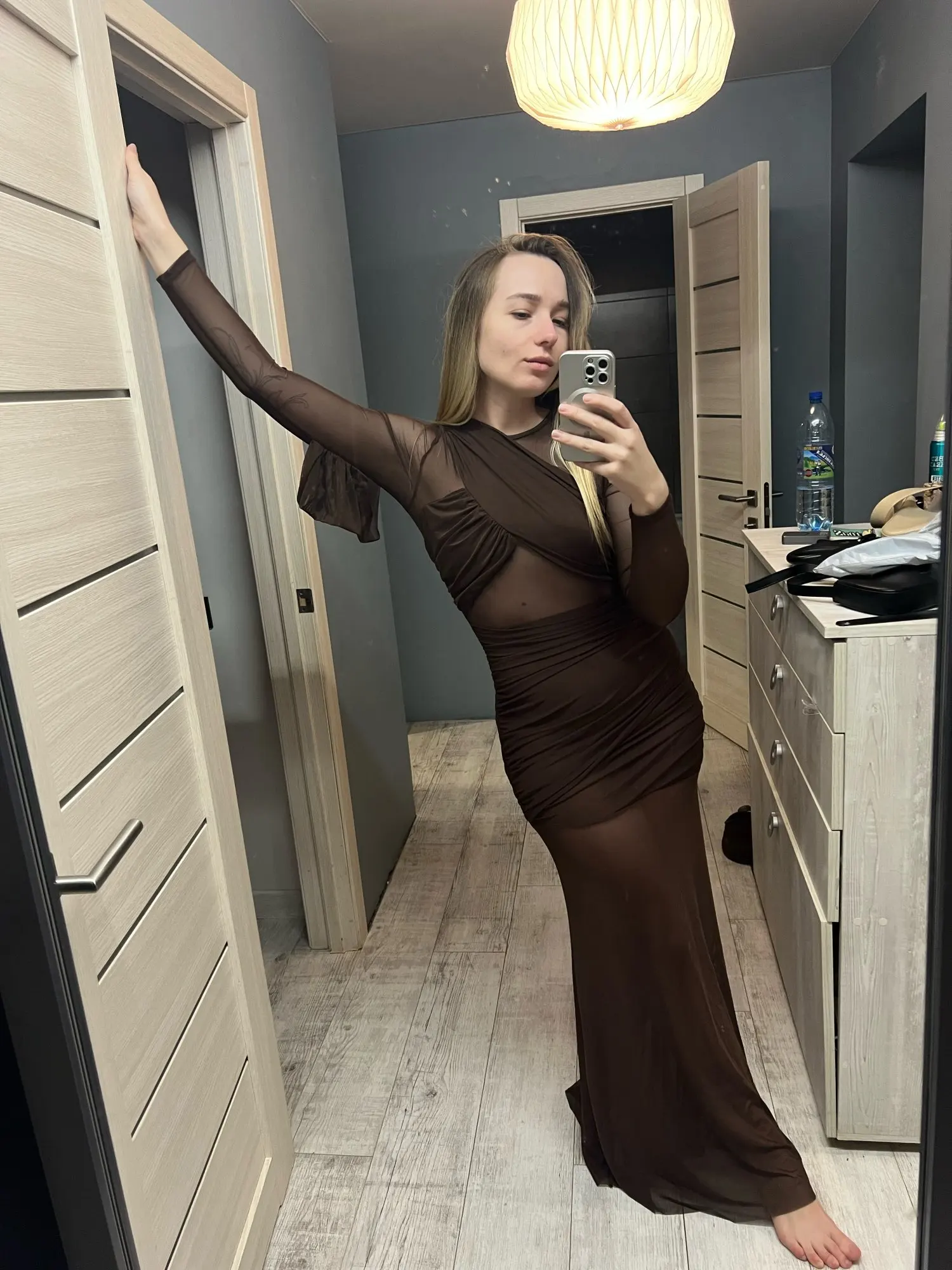 Sophisticated Long Sleeve Bodycon Dress with Mesh Patchwork photo review
