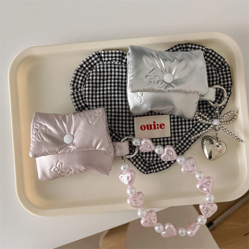 Korean Cute Bow Soft Puffer Down Earphone Bag with Chain
