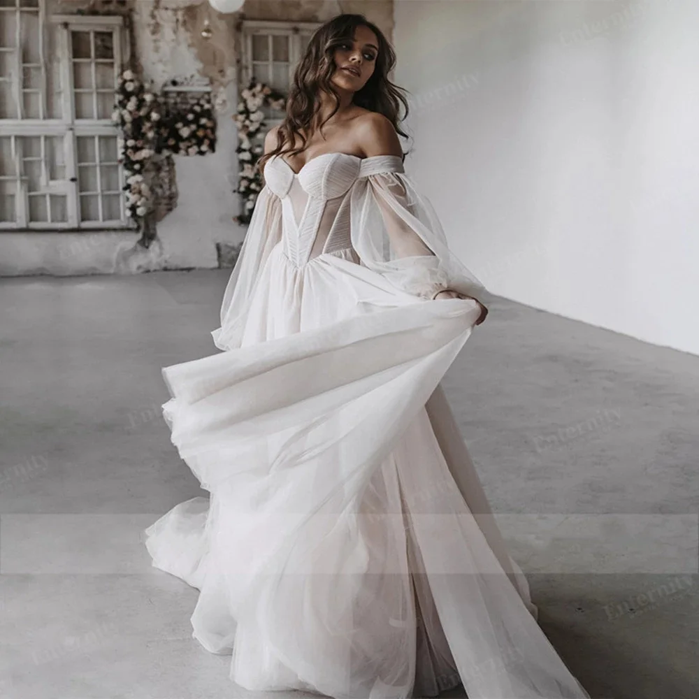 Customized Off The Shoulder Wedding Dress A Line 3/4 Puff Sleeve For Women 2022 Bride Bow Back Robe De Soirée De Mariage Custom 4
