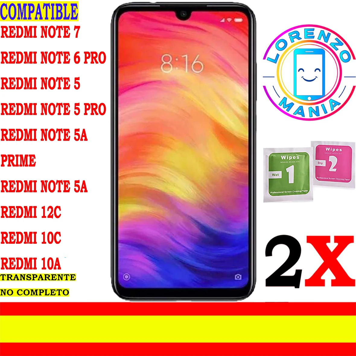2 X Compatibile Xiaomi Redmi Note 7, Redmi Note 6 Pro, Redmi Note 5, Redmi Note 5 Pro, Redmi Note 5 Pro, Redmi Note 5A Prime, Redmi 12C, Redmi 10C, Ve