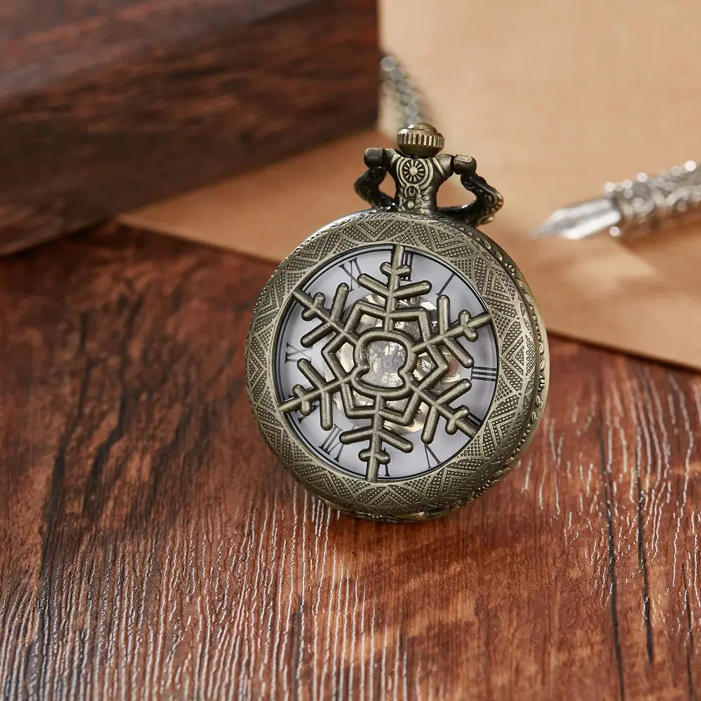 

Brass mini carved snowflake pocket watch with mechanical classic black and white fashion Rome digital inside a variety of styles