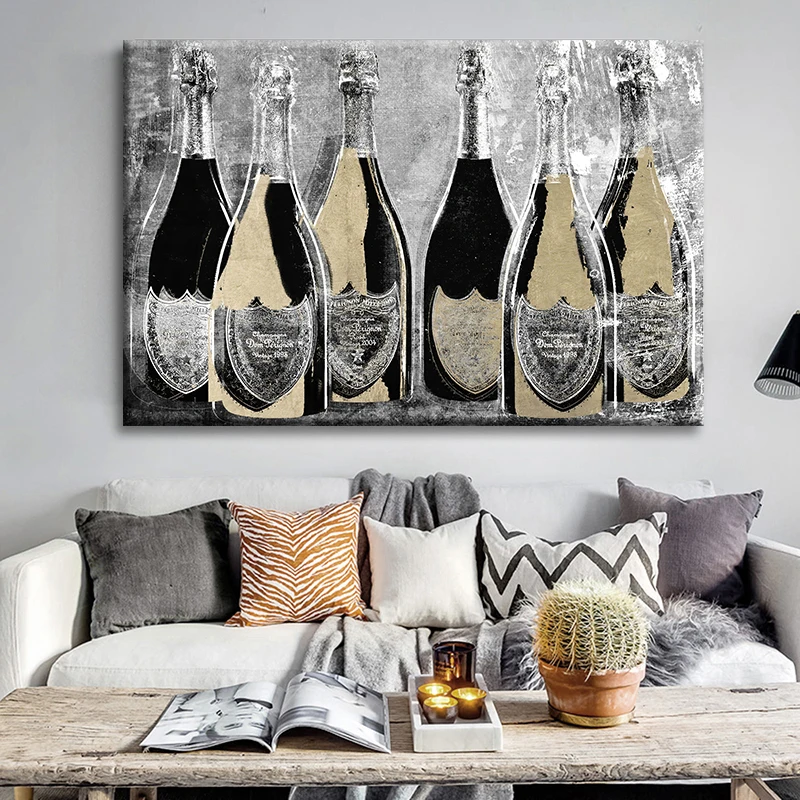 Abstract Golden Champagne Canvas Painting Wall Art Wine Bottle Posters and Prints for Living Room Bar Shop Wall Decor Cuadros