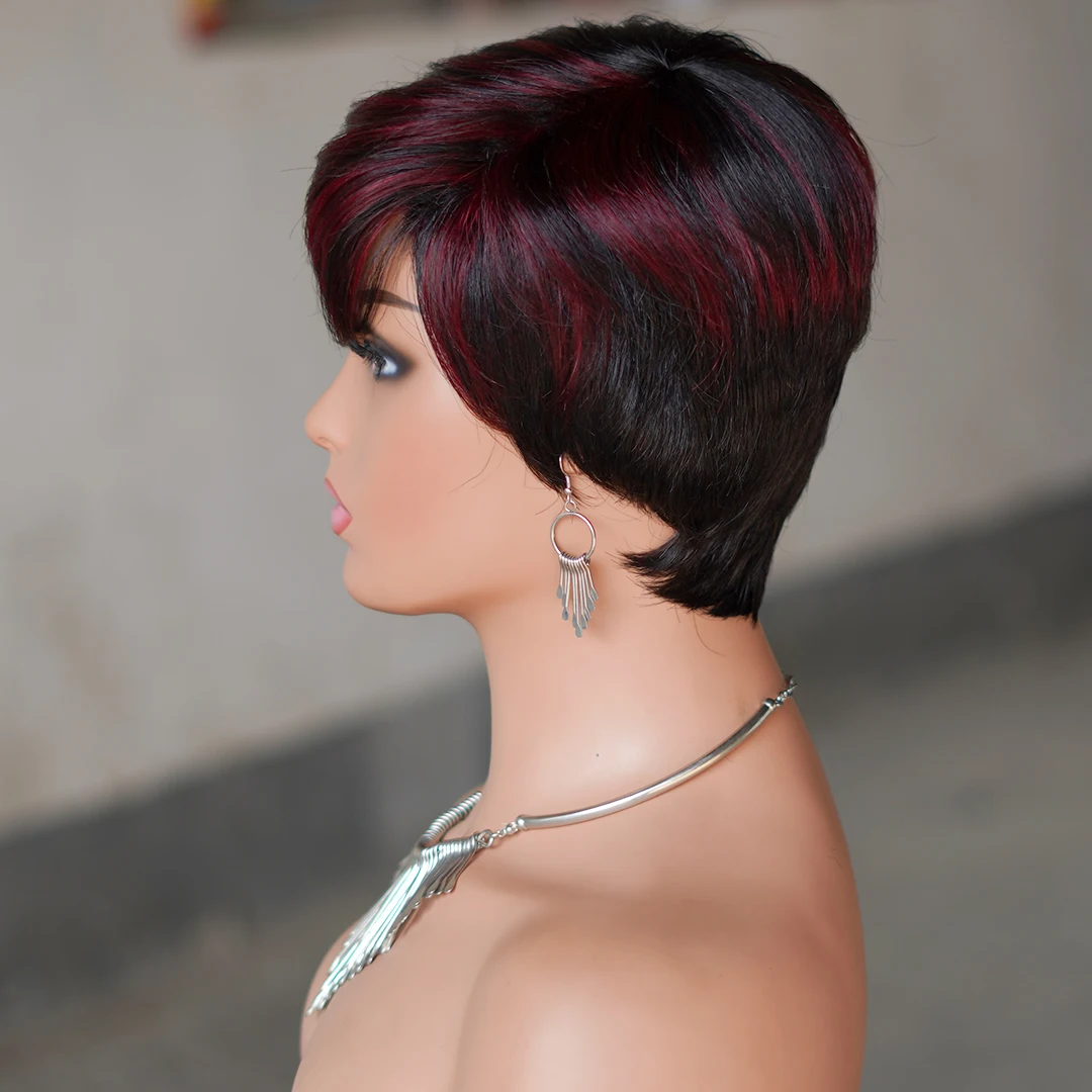 Short Pixie Cut Brazilian Remy Human Hair Wigs Glueless Straight Hair Color Full Machine Made Bob Wig With Bangs
