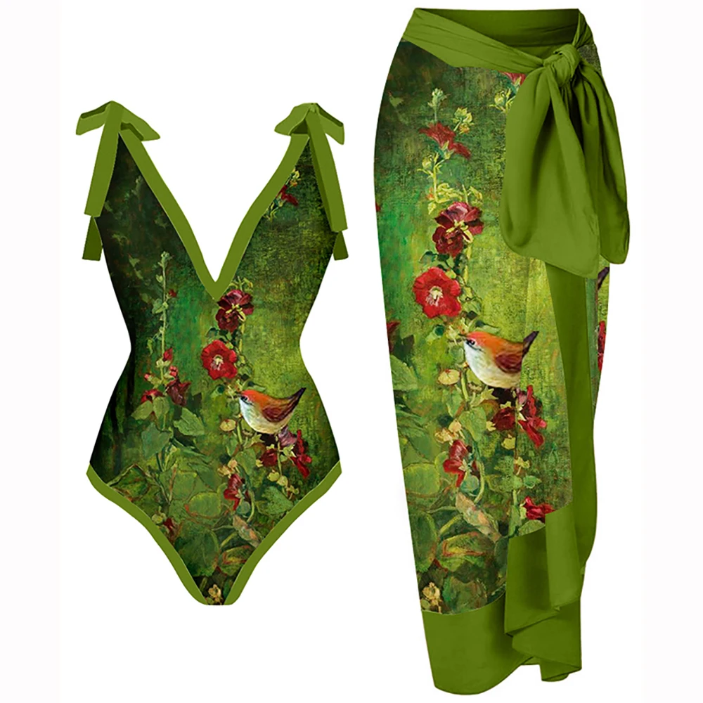 Costume Da Bagno Verde Moda Donna Scollo A V Pittura A Olio Floreale Stampa Costumi Da Bagno Interi Bikini A Triangolo Set Costumi Da Bagno Sexy Senza