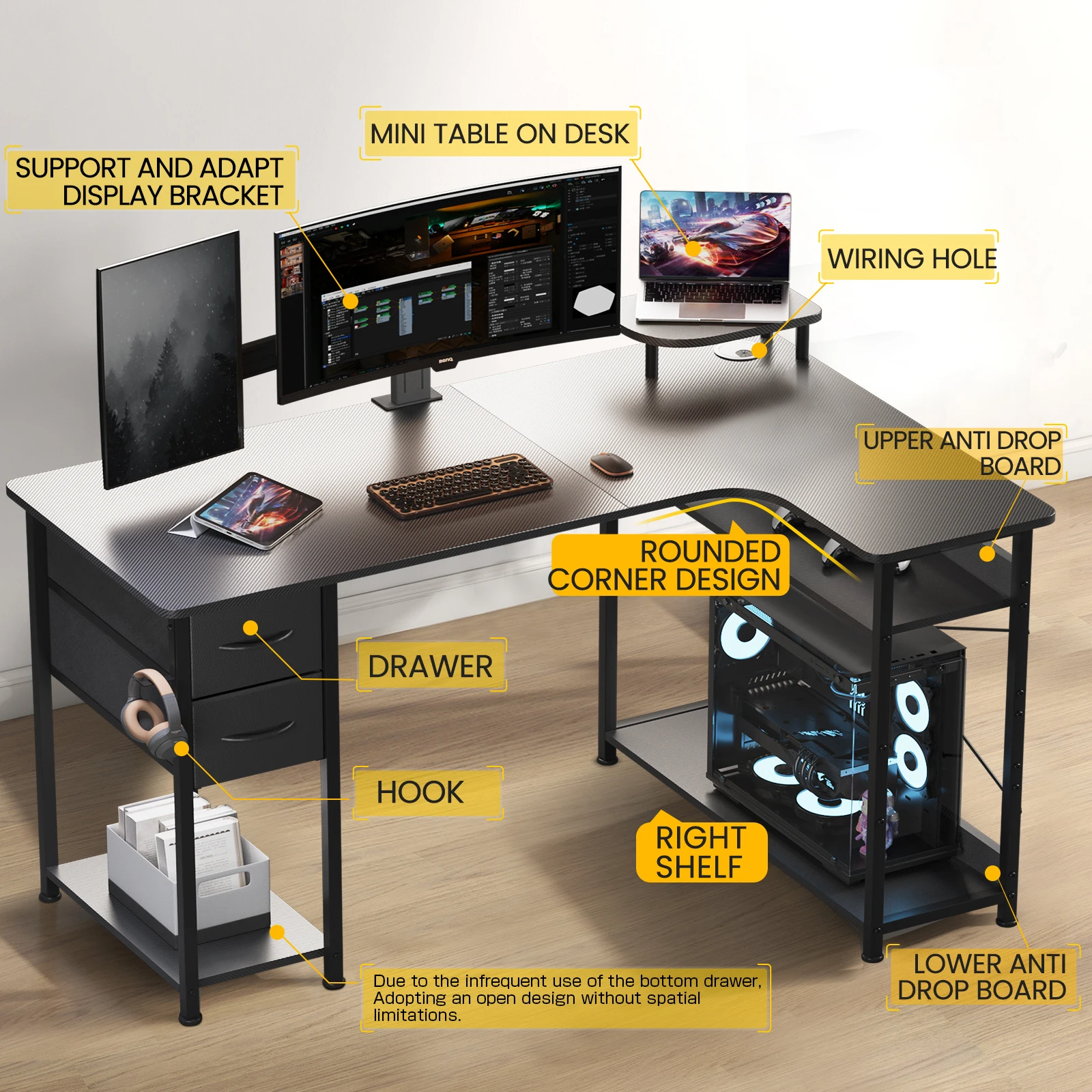 L-Shape Gaming Desk with Drawers, Carbon Fiber Computer Desk with Monitor Arm, Gaming Desk for Home Office Desks 4