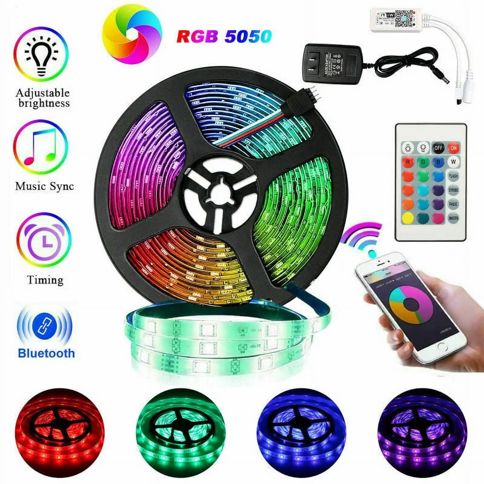 16.4ft Bedroom Lights LED Strip Light with 24 Keys Remote, RGB 5050 Dimmable Smart Rope Light Strips Music Sync