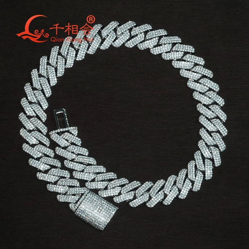 Bracelet 20-25mm  925  Silver three rows Cuban Link Iced Out Hip Hop white Moissanite  Chain Jewelry Women Men Gifts