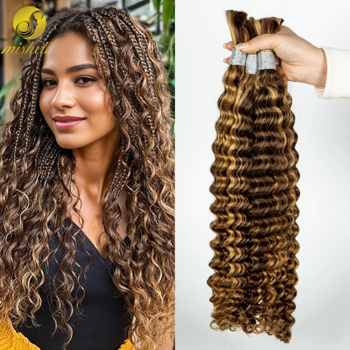 26 28 Zoll Deep Wave Highlight Ombre Bulk Menschenhaar zum Flechten ohne Schuss 100% jungfräuliches Haar lockige Verlängerungen für Boho-Zöpfe