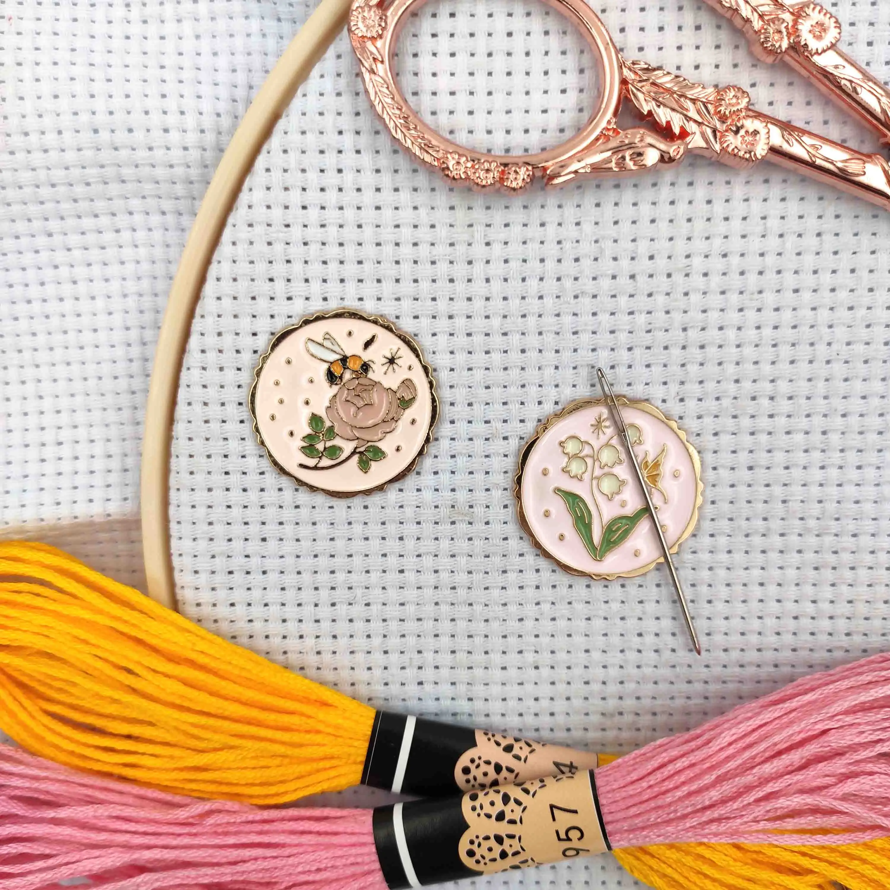 Set of 2 Needle Minder Bee & Butterfly Enamel Needle Keeper