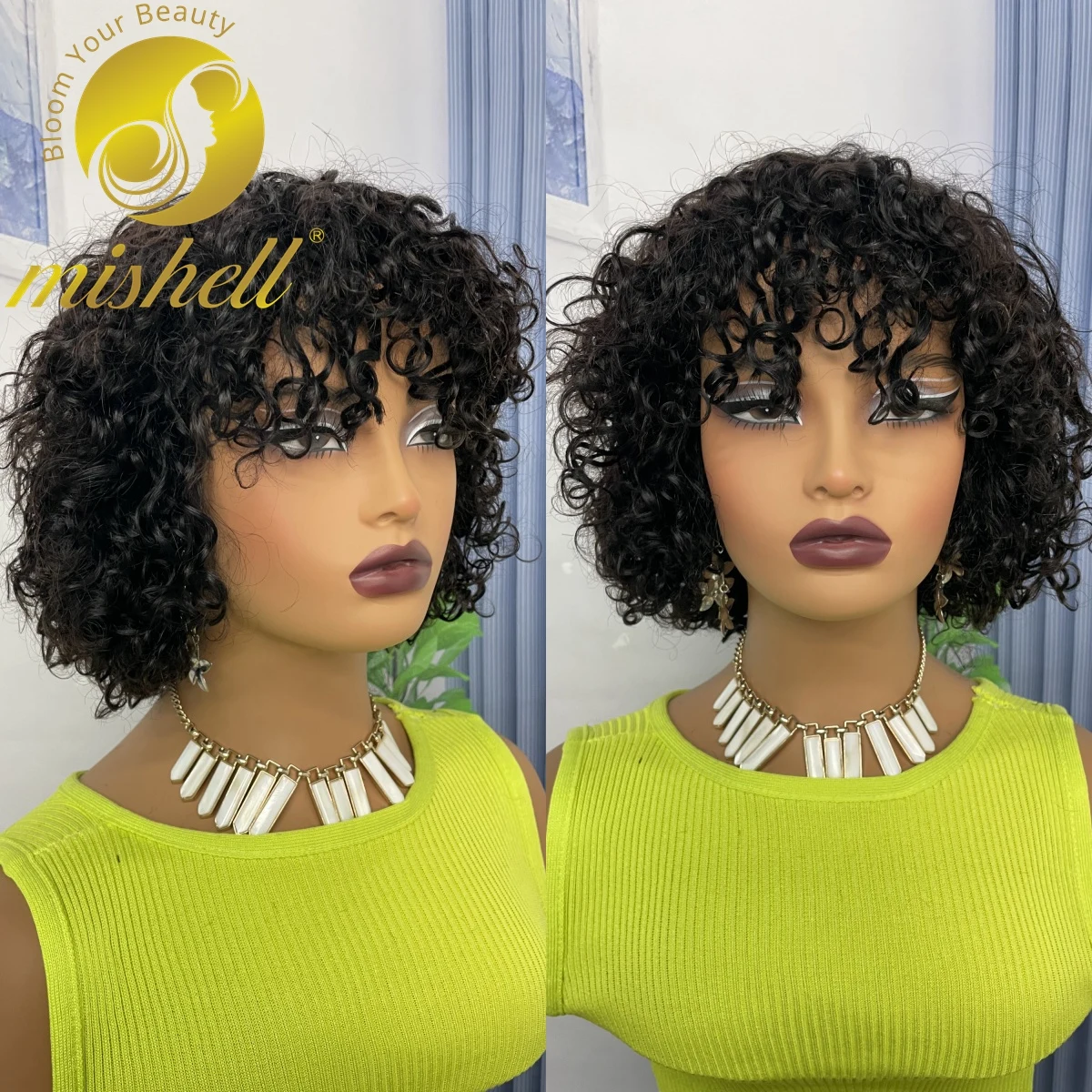 

200% Density Natural Water Wave Human Hair Wig with Bangs Full Machine Made Short Jerry Curly Bob Wigs 12inch for Women Remy