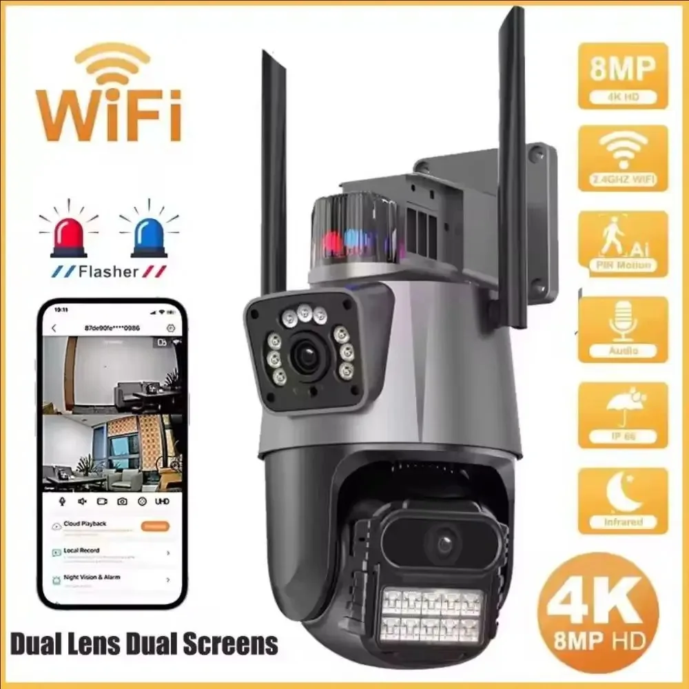 12MP 6K WiFi IP Camera Outdoor Three Lens Dual Screens 8X PTZ Zoom Video Auto Track Security Protection Surveillance 1