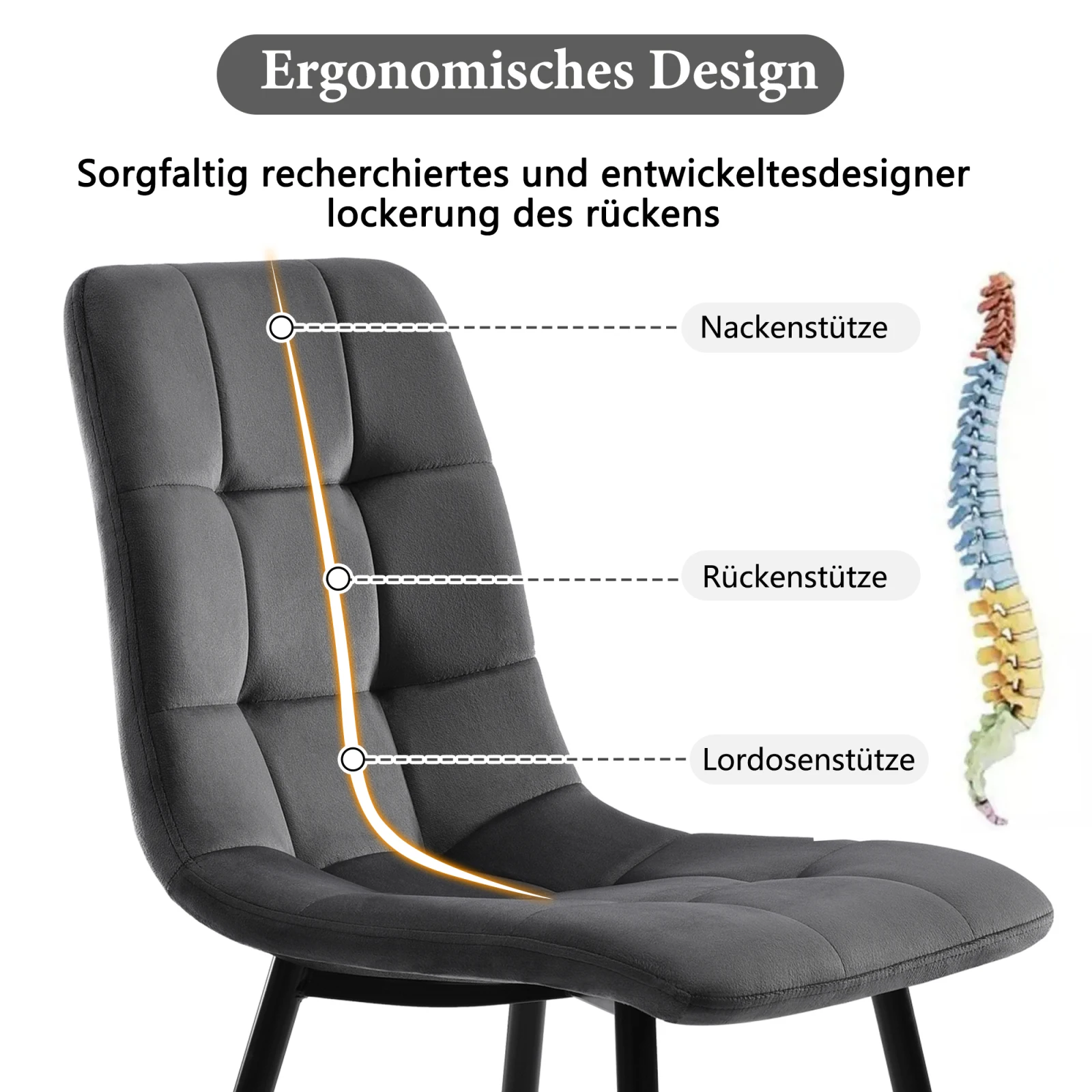 Rosahqnda Esszimmerstuhl-Set mit 4 gepolstertem Stuhl, weicher Esszimmerstuhl mit Rückenlehne, Samtsitz und Metallrahmenbeinen, ohne Tisch – Detail 32