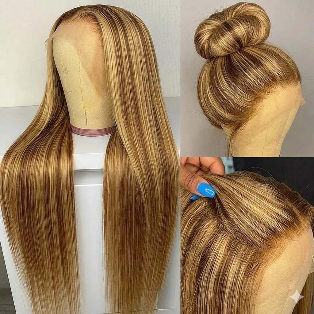 LUCKOKOS 360 Full Lace Front Wig Highlight Ombre Bone Straight HD Lace Frontal Colored Human Hair Wigs Honey Blonde Dea 1