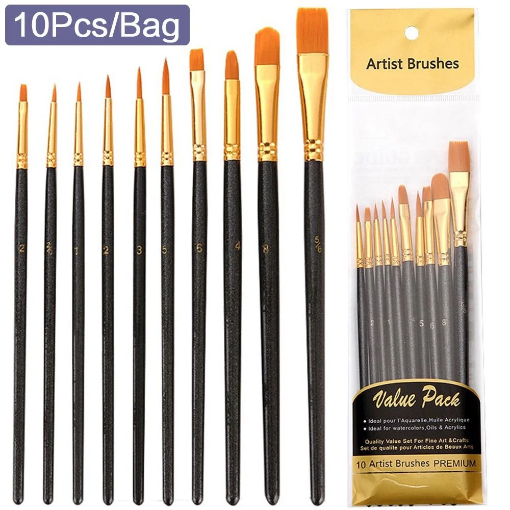 10pcs Nylon Soft Acrylic Oil Painting Brush Black Wooden Handle Watercolor Paint  Brush Set 