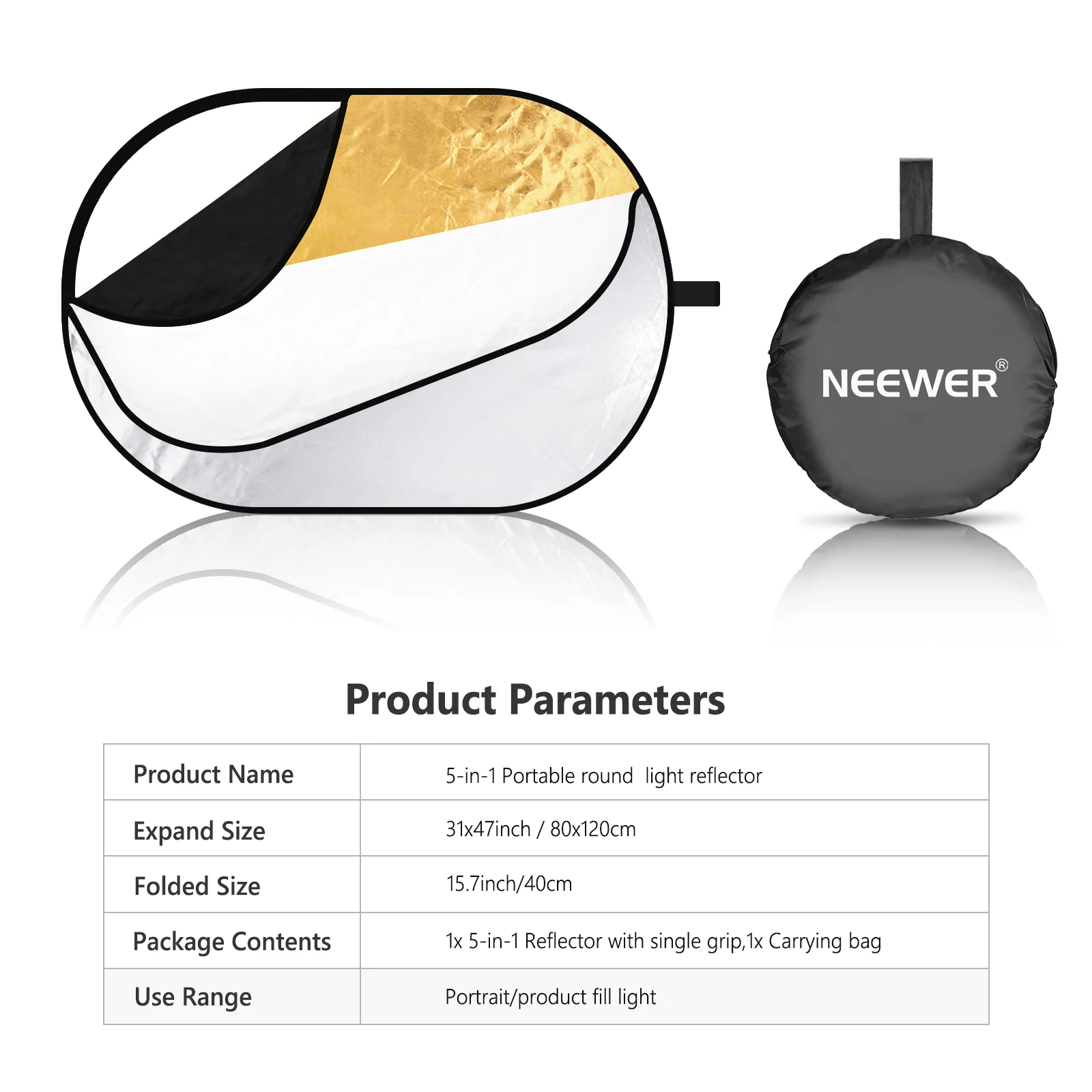 Neewer Kit 5-in-1 Riflettori Portatili Da 30 Cm – Colori Argento, Oro, Bianco, Nero E Traslucido, Con Custodia, Per Fotografia E Illuminazione Creativa