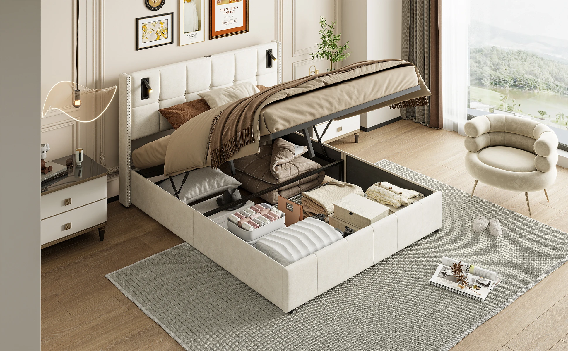 Rosahqnda Modernes Polsterbett, Hydraulisches Doppelbett,Bettkastenbett, mit viel Stauraum, Samtstoff, beige/grau – Detail 15