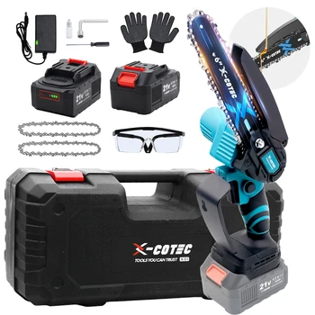 X-COTEC 6 Inch Chainsaw Cordless, 500W Electric Saw with 2 x 4000mAh Batteries, Lightweight Handheld Garden Power Tools,Cut Wood