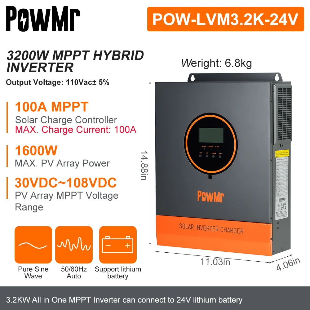 PowMr 3.2KW 110V 하이브리드 태양광 인버터 24V 리튬 배터리용 순수 사인파 100A MPPT 컨트롤러 태양광 패널 90V-108V 내장
