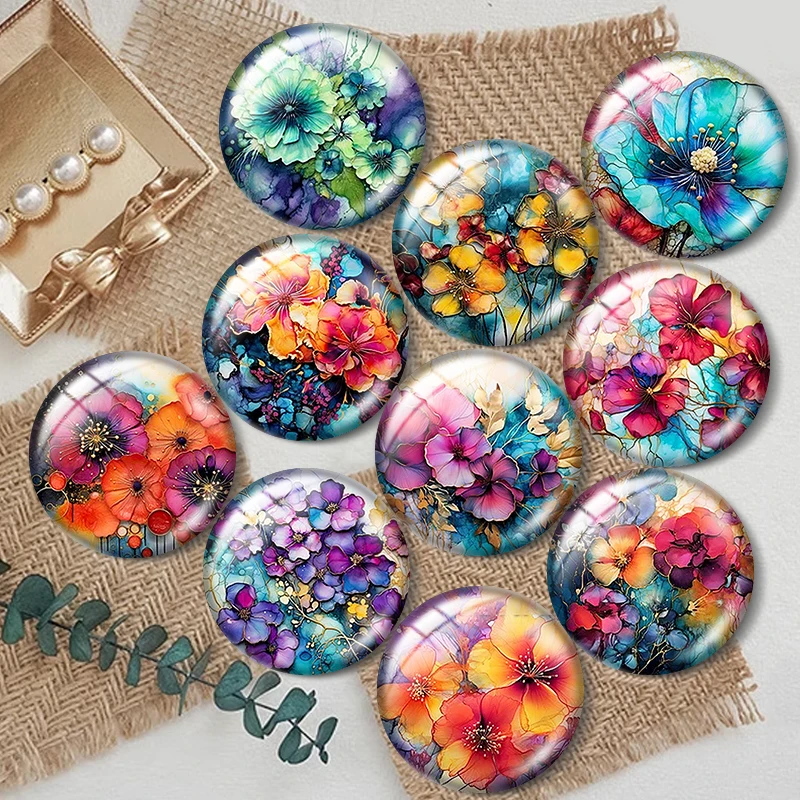 Cabochon rond en verre avec photo, motif fleurs sauvages, 12mm/18mm/20mm/25mm, 10 pièces mélangées