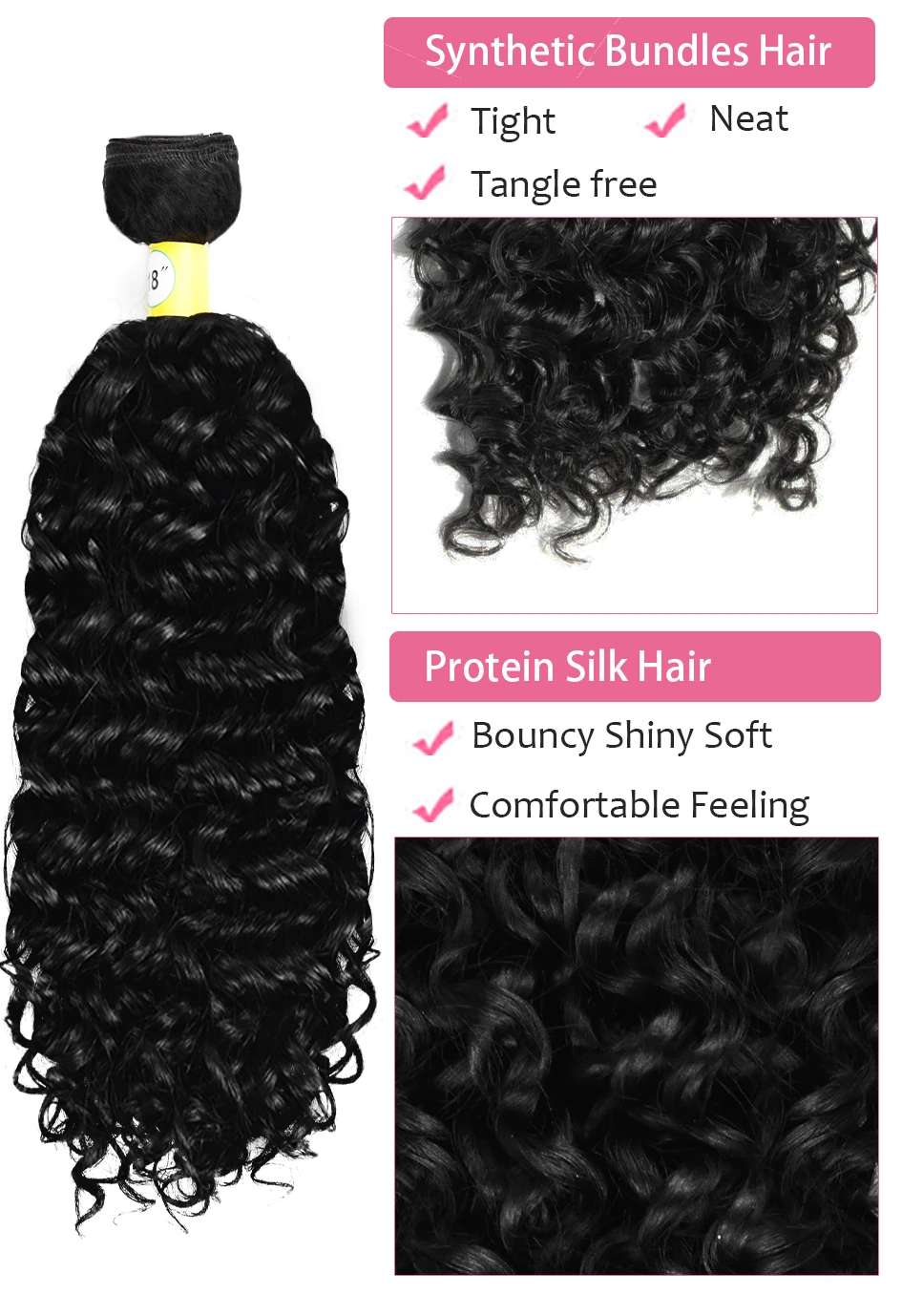 12-30 Inch Kinky Curly Hair Bundles With T Lace Closure 1B# Synthetic Hair Bundles Weave Extensions W/ T Part Lace Closure