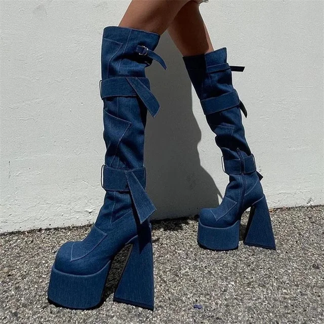 Женские сапоги Роскошные зимние 2022 новые модные брендовые дизайнерские готические женские сапоги на платформе на высоком каблуке джинсовые женские Сапоги выше колена 1