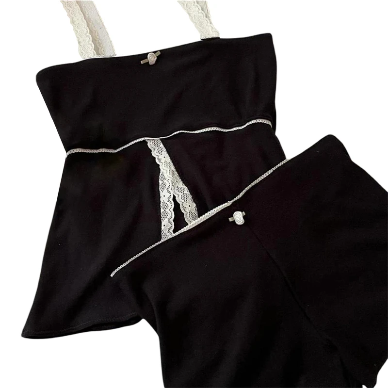 2 Piece Sets Women Outfit 2000s Aesthetic Fairycore Grunge Lace Patchwork Strapless Sleeveless Crop Top and Shorts y2k Clothing