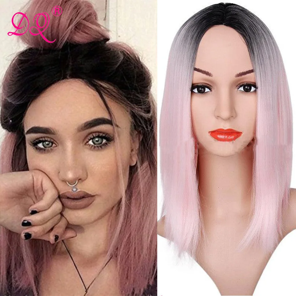 Short Straight Hair Wigs for Women Ombre Pink with Dark Roots Shoulde Length Bob Wig Synthetic Cosplay Colorful Wigs Daily Party