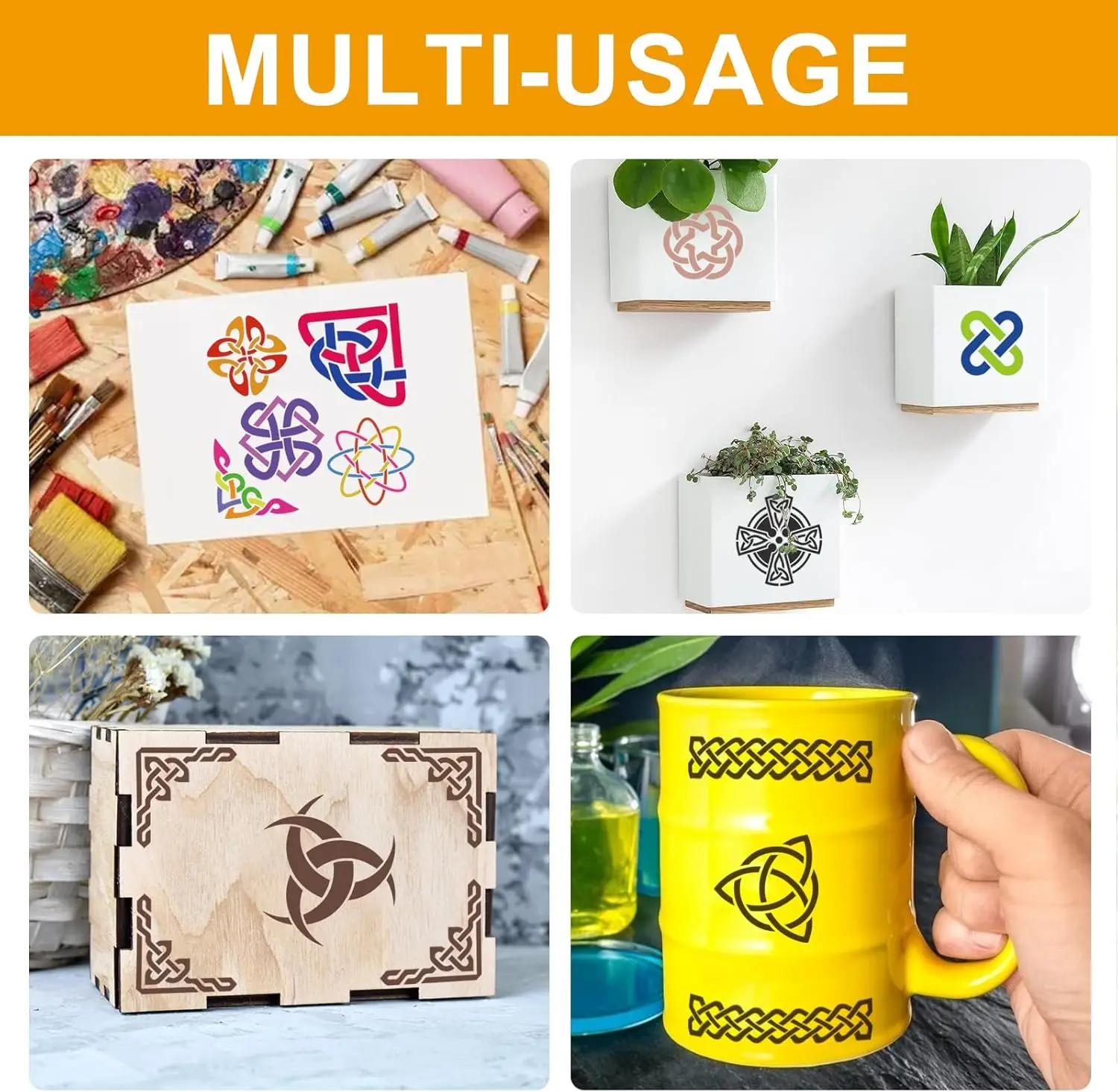 9PCS 11.8×11.8인치 켈틱 매듭 패턴 페인팅 스텐실 세트 DIY 공예 벽 나무 직물 장