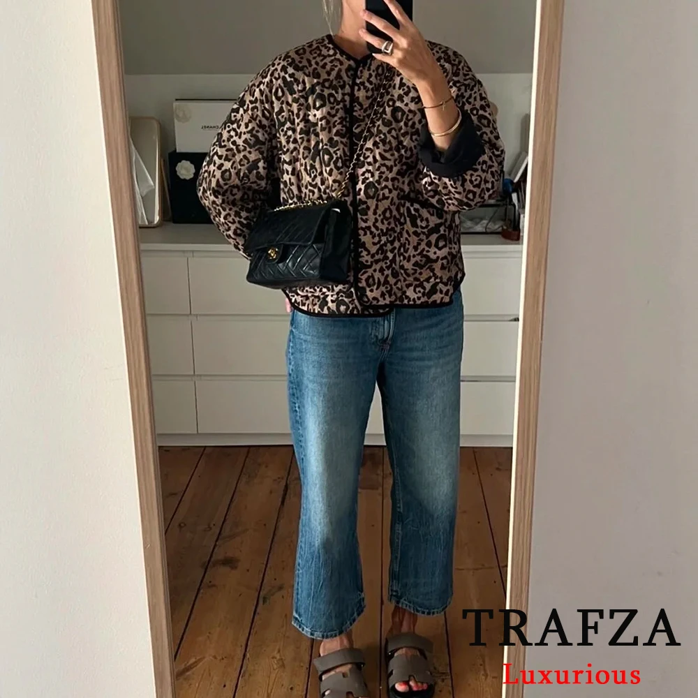 TRAFZA Casual Leopard Print Oversized Jackets Women Long Sleeve O Neck Buttons Coats Fashion 2024 Autumn Winter Female Outwears 3
