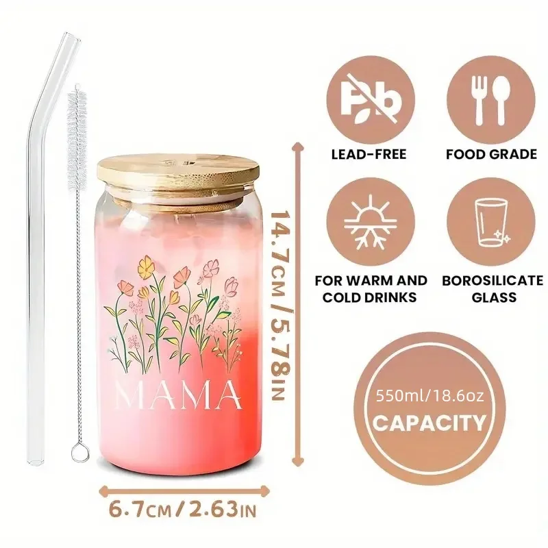 1 set of 550ml/18.7oz glass cups with bamboo covered straws and brushes, gift for mom, Mother's Day gift, mom glass jar