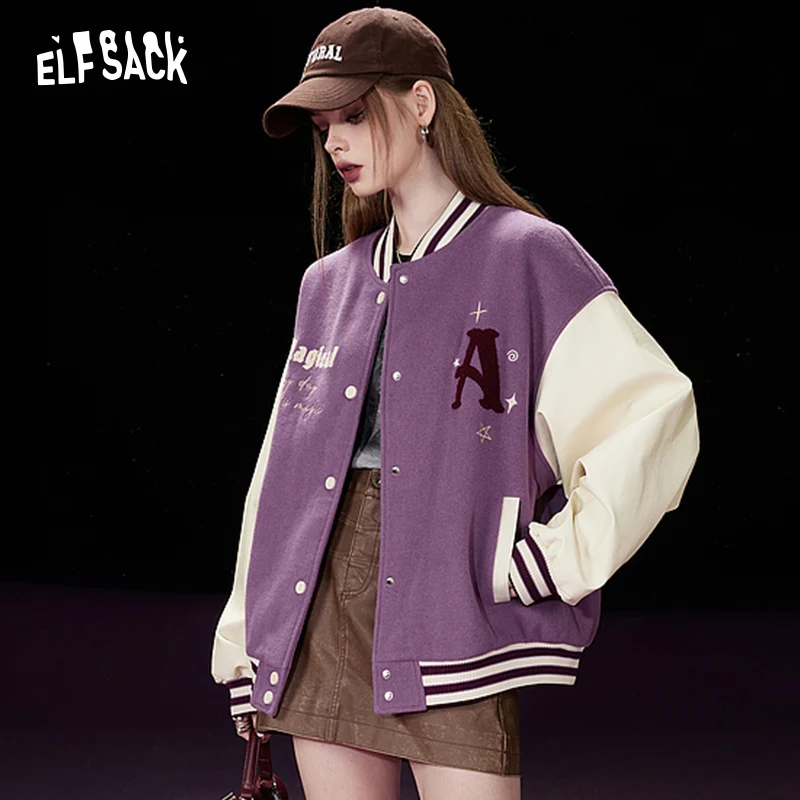 ELFSACK Spliced Plaid Baseball Jackets Woman 2023 Winter Vintage Casual Outwears