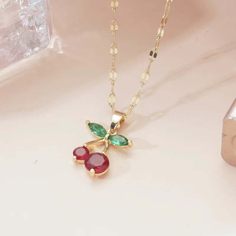Cherry Pendant Necklace With Red Zircon And Elegant Korean Style_voghion.com