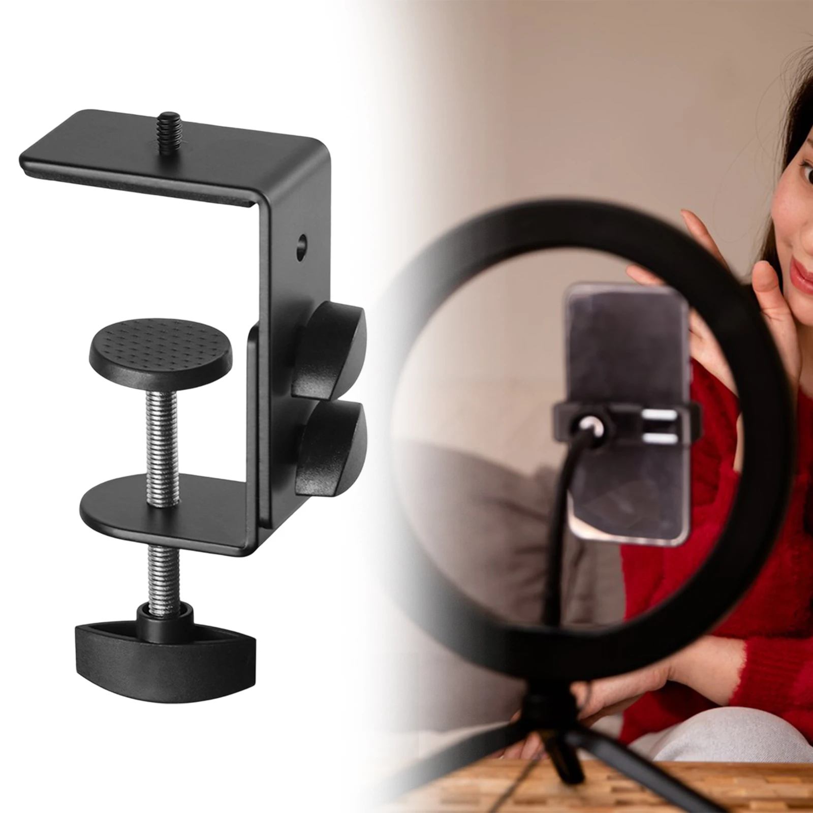 조정 가능한 작업 표면 장착 브래킷 데스크 클램프 1/4인치 스레드 인터페이스 비디오 조명 스탠드 카메라용 검정색 휴대용